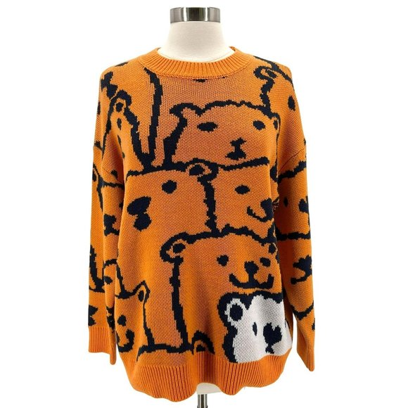 Shandao | Sweaters | Shandao All Over Bear Orange Knit Sweater Womens Large  | Poshmark